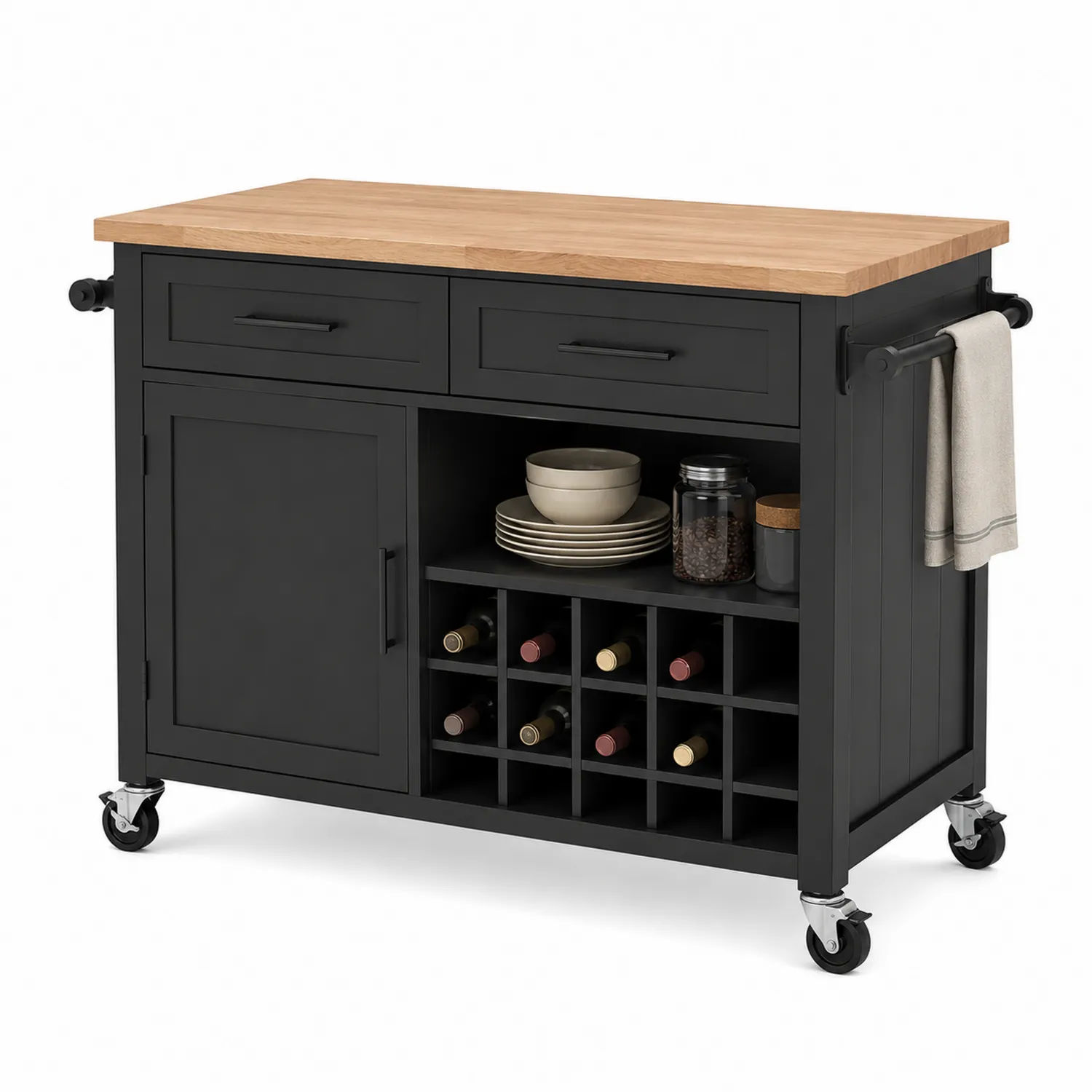 Carrello da Cucina con Top in Legno di Quercia e Corpo in Legno Ingegnerizzato Nero
