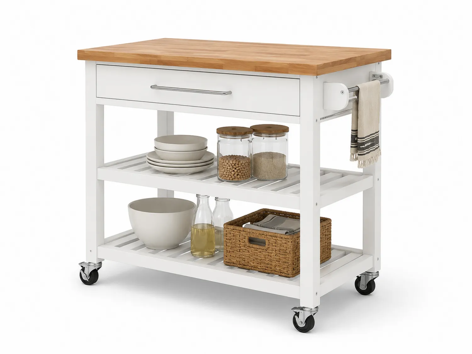 Carrello da Cucina con Piano in Legno Massiccio e Struttura Bianca
