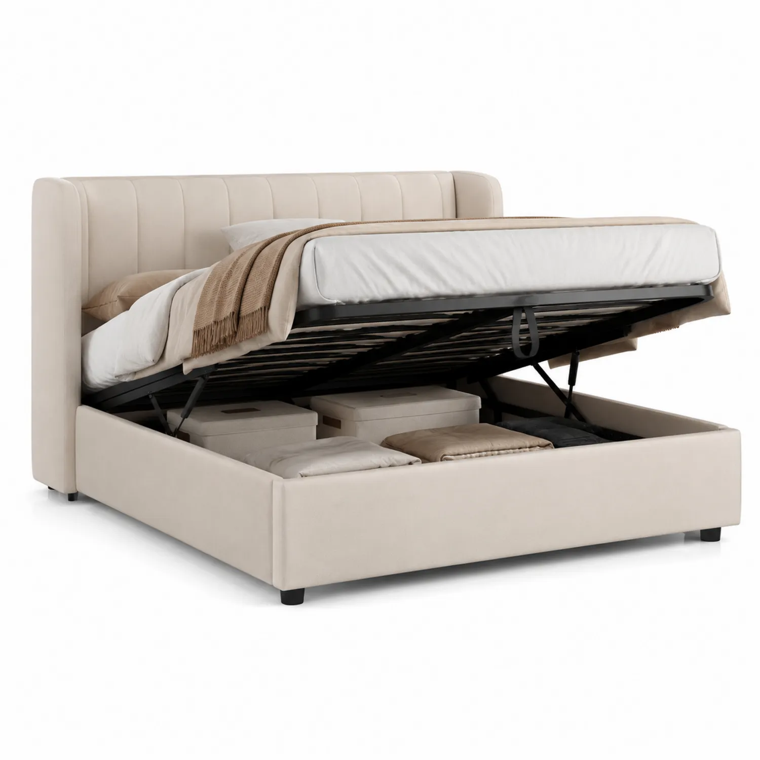 Letto contenitore matrimoniale in tessuto beige