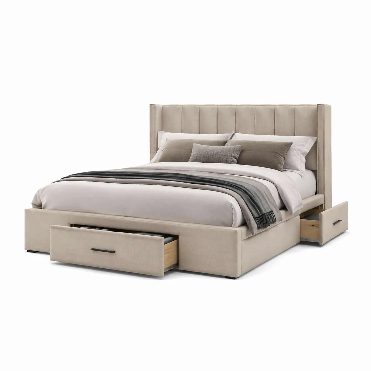 Letto Contenitore in Tessuto Beige con Cassetti