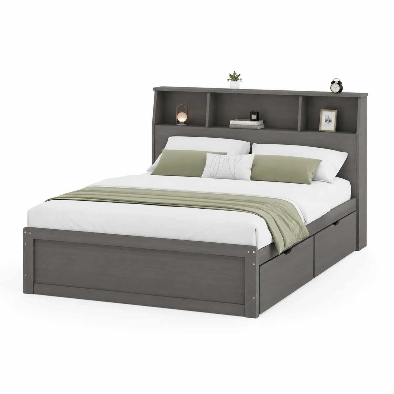 Letto in Legno con Testiera Libreria e Cassetti Grigio