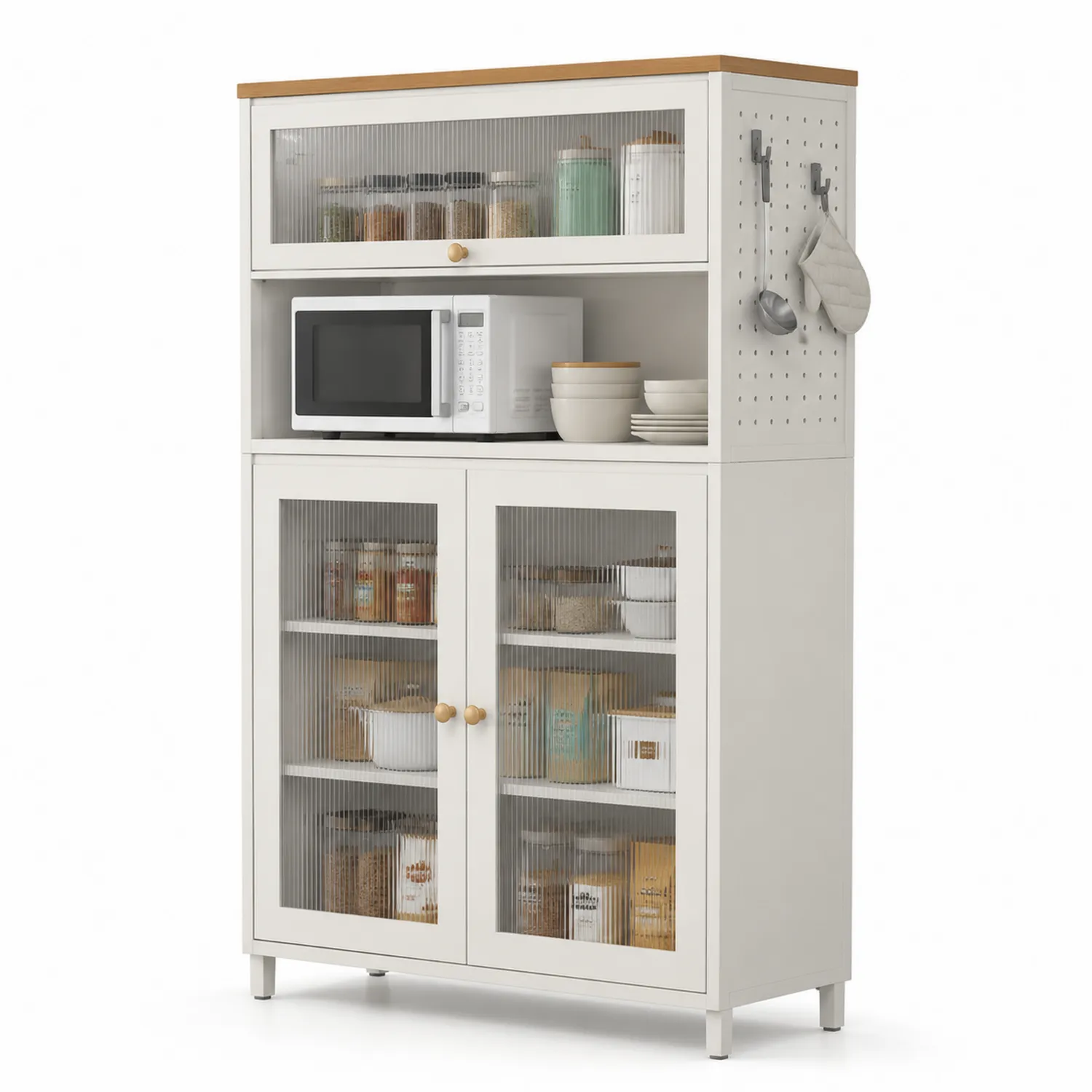 Credenza dispensa cucina in MDF e legno bianco con porte in vetro temperato