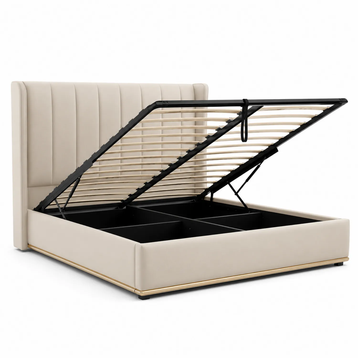 Letto contenitore matrimoniale in tessuto beige con testiera imbottita 180x200 cm