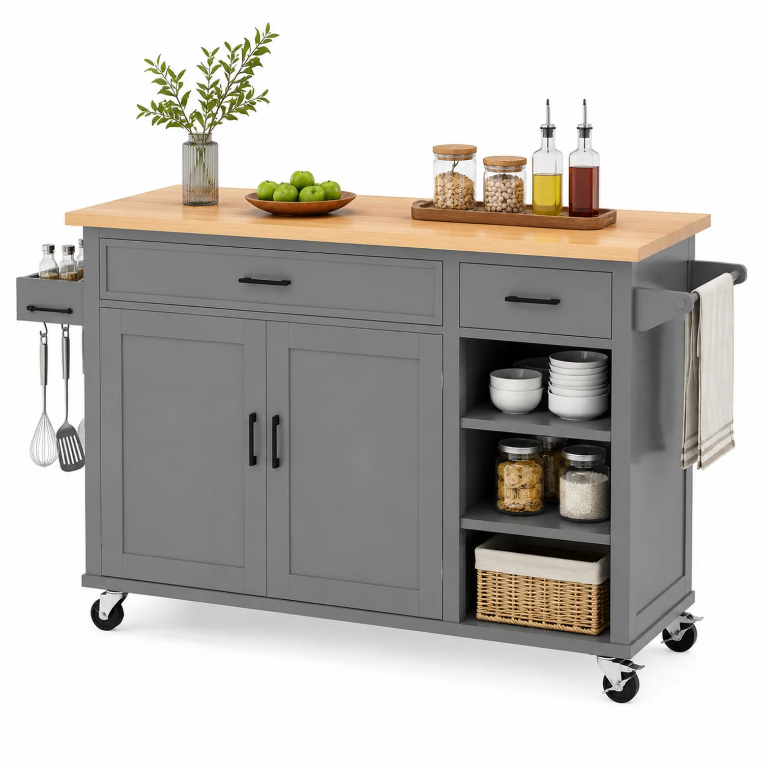 Carrello da Cucina in Legno Grigio con Ruote
