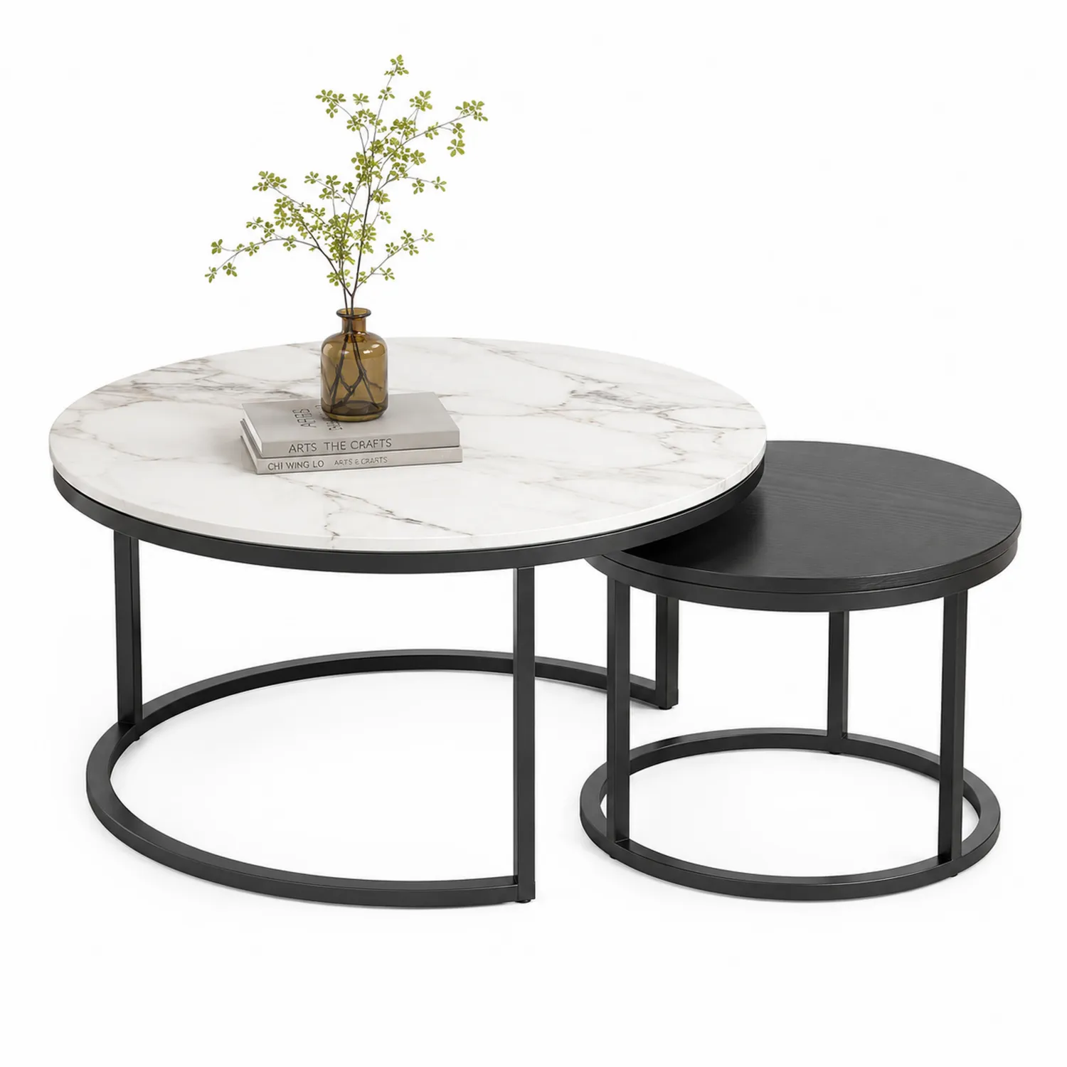 Set di Tavolini in Marmo Sintetico e Metallo Nero, Tavolo Grande e Piccolo