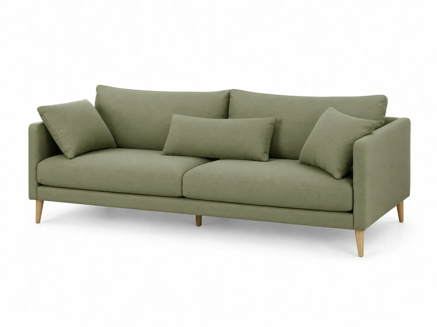 Divano a Tre Posti in Tessuto Verde con Gambe in Legno