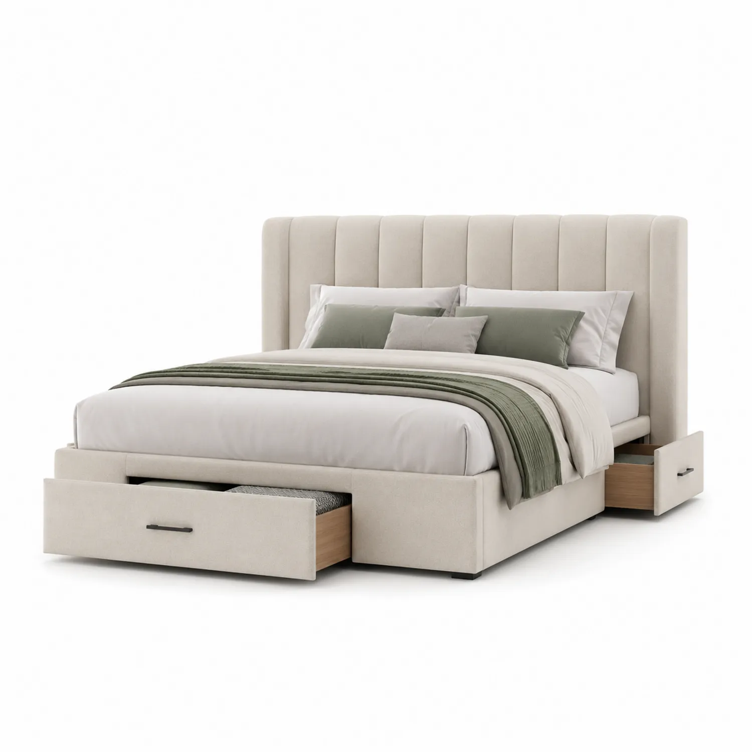 Letto matrimoniale in tessuto con cassetti beige