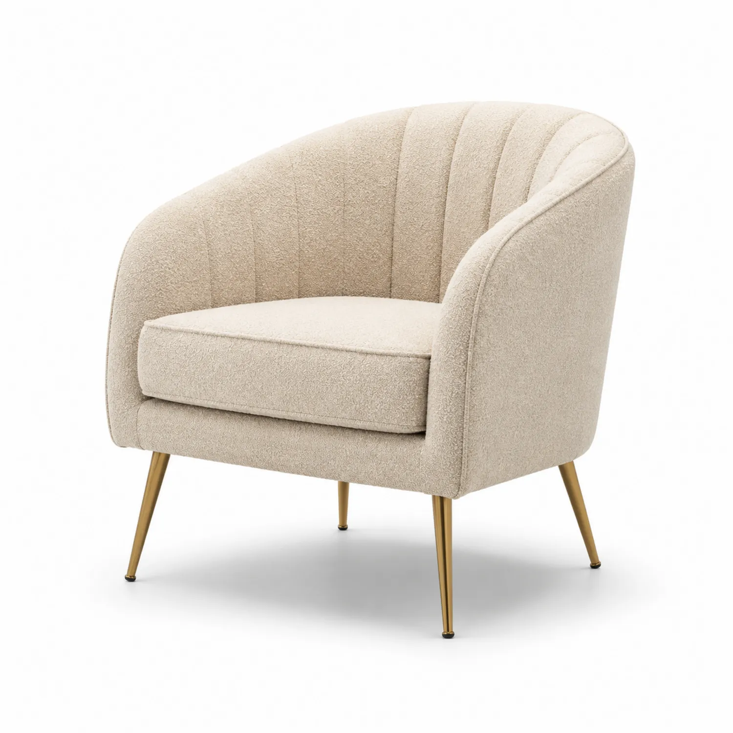 Poltrona in tessuto bouclé beige con gambe in metallo dorato