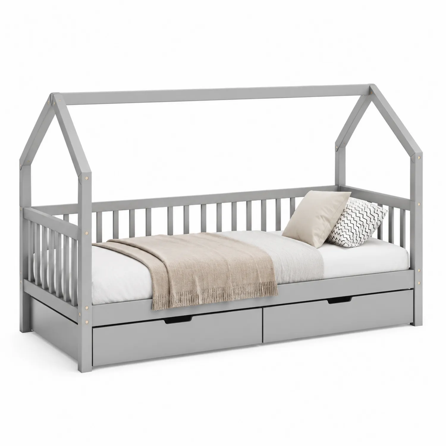 Letto in legno con struttura a casetta grigia e cassetti 200x90 cm