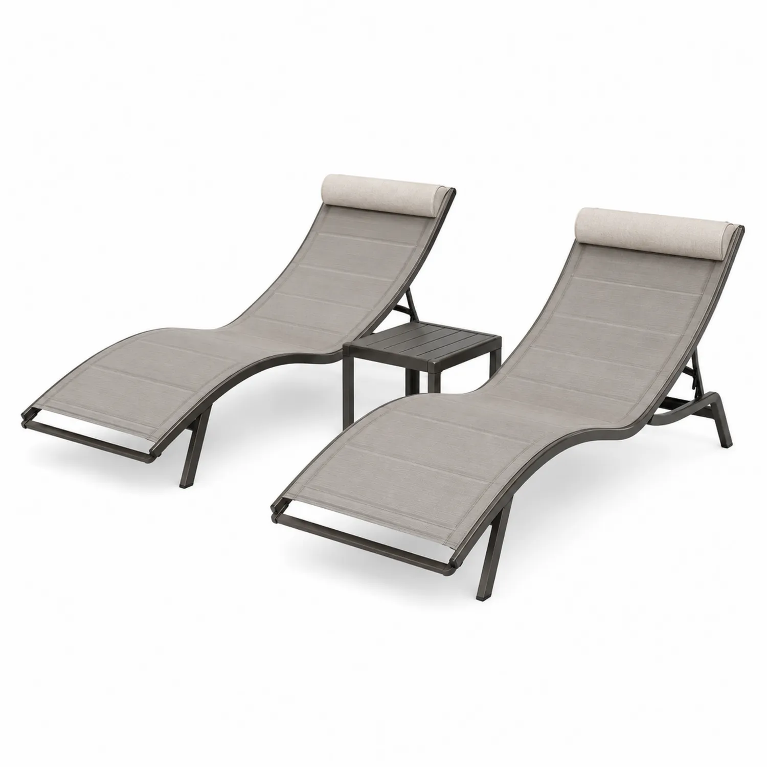 Set di 2 Sdraio e Tavolino da Esterno in Alluminio e Tessuto Textilene Grigio