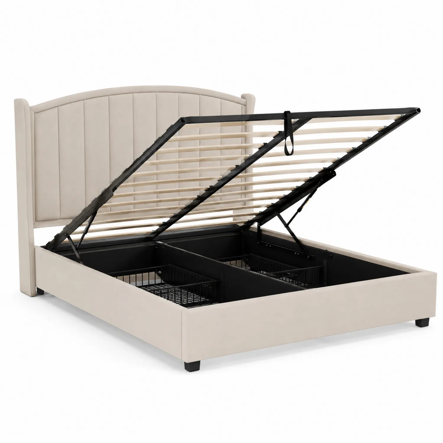 Letto contenitore in metallo e poliestere beige con testiera curva