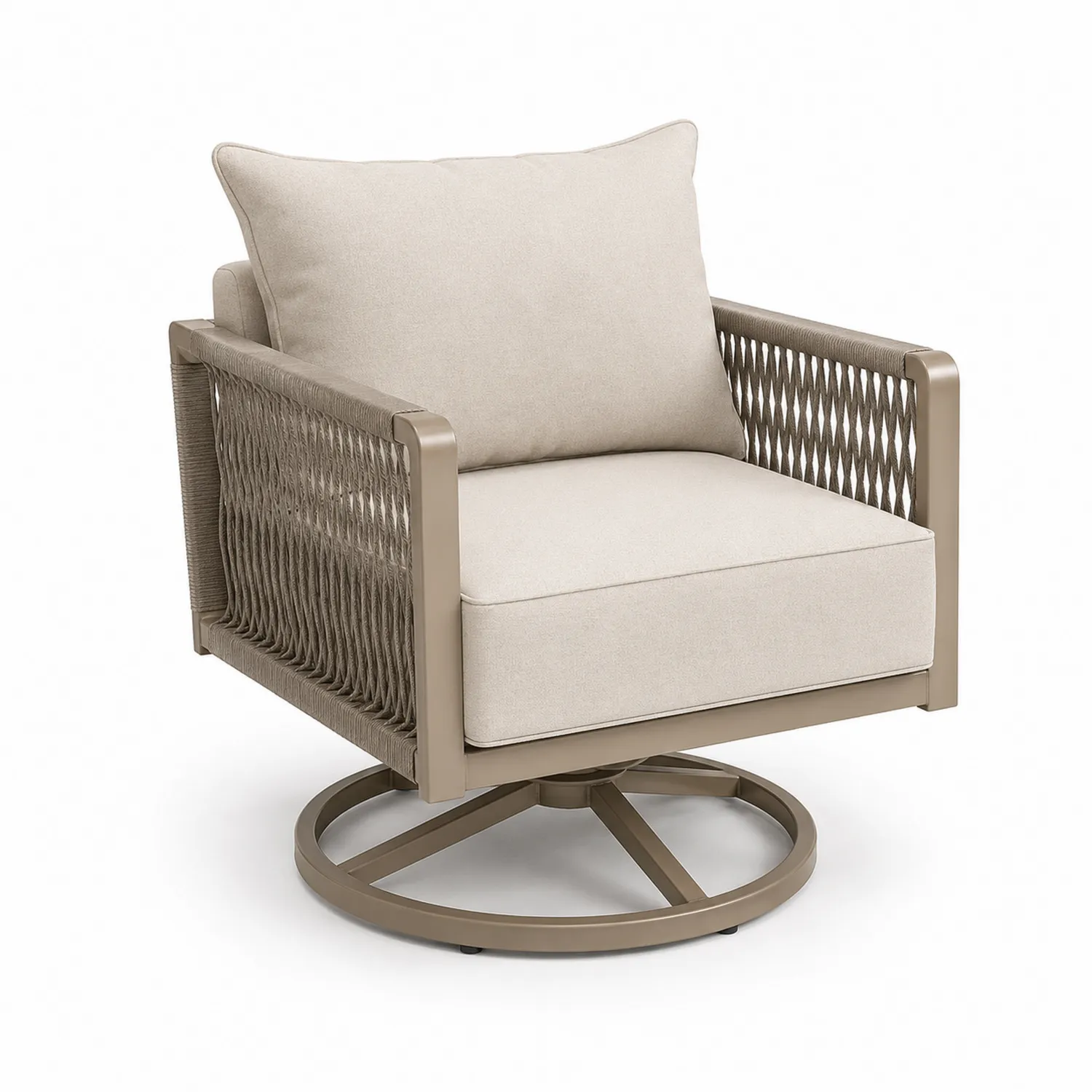 Poltrona girevole da esterno in metallo e corda con cuscini in tessuto Beige