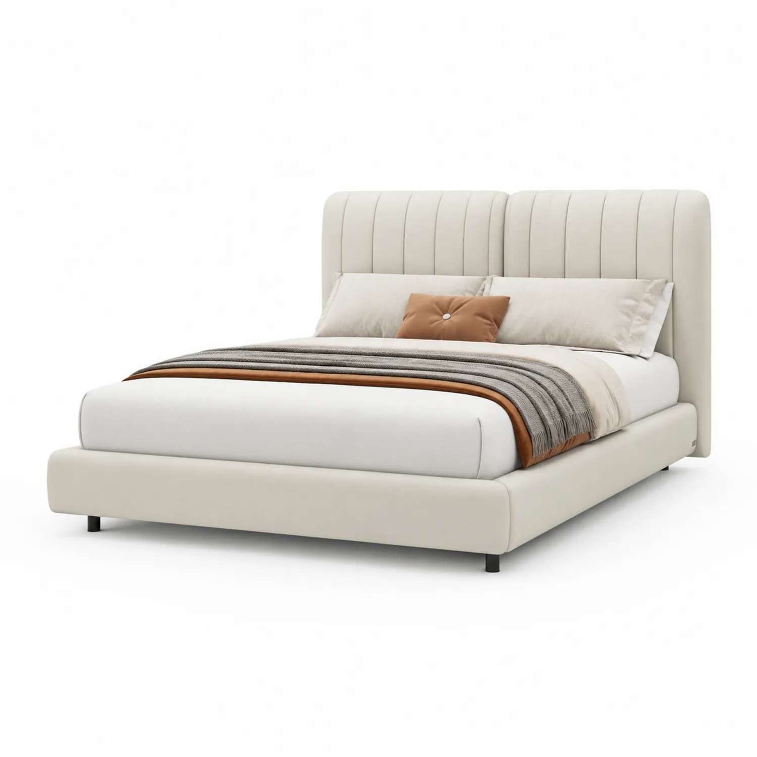 Letto matrimoniale in legno e tessuto bianco crema con testiera imbottita