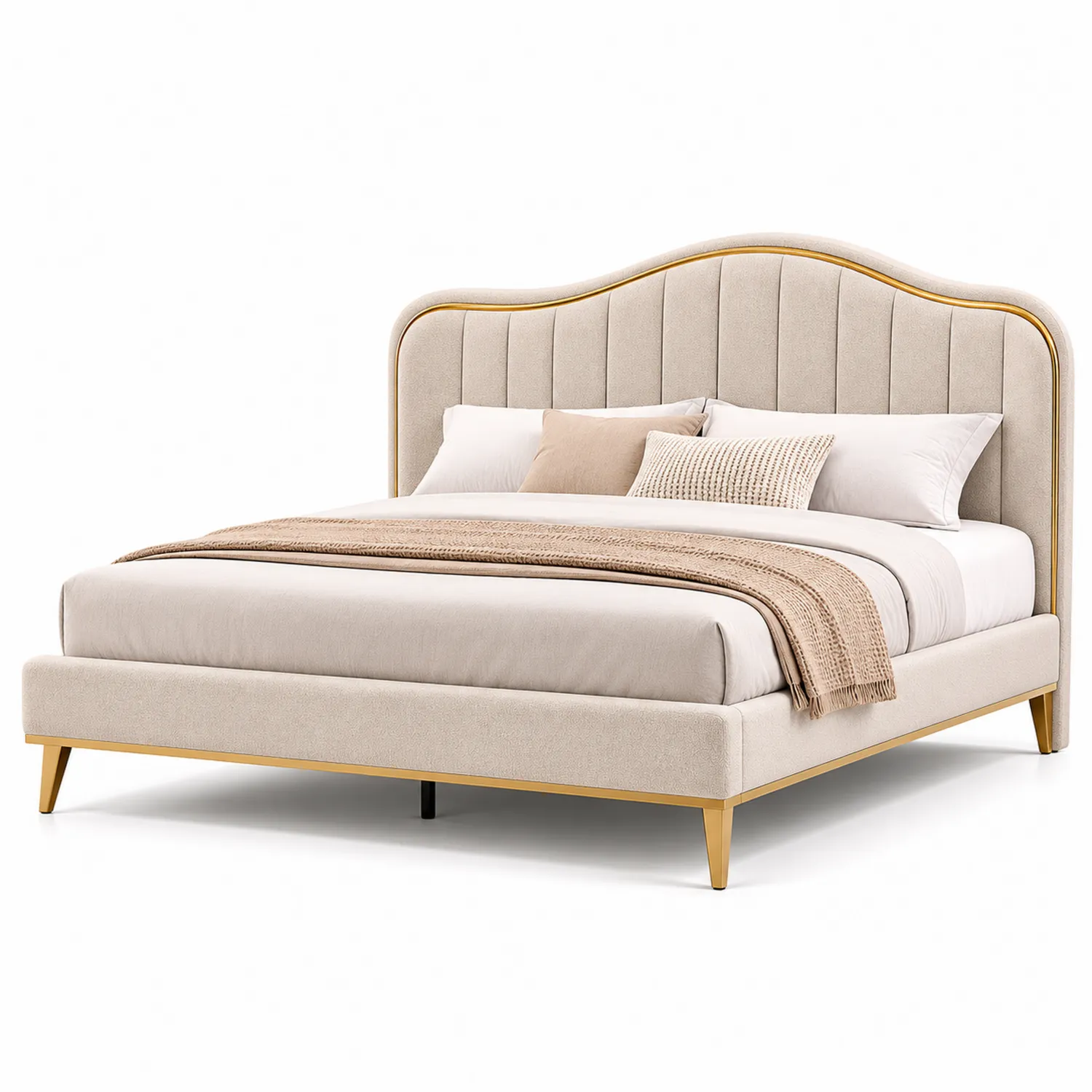 Letto in tessuto beige con testiera curva e gambe in metallo