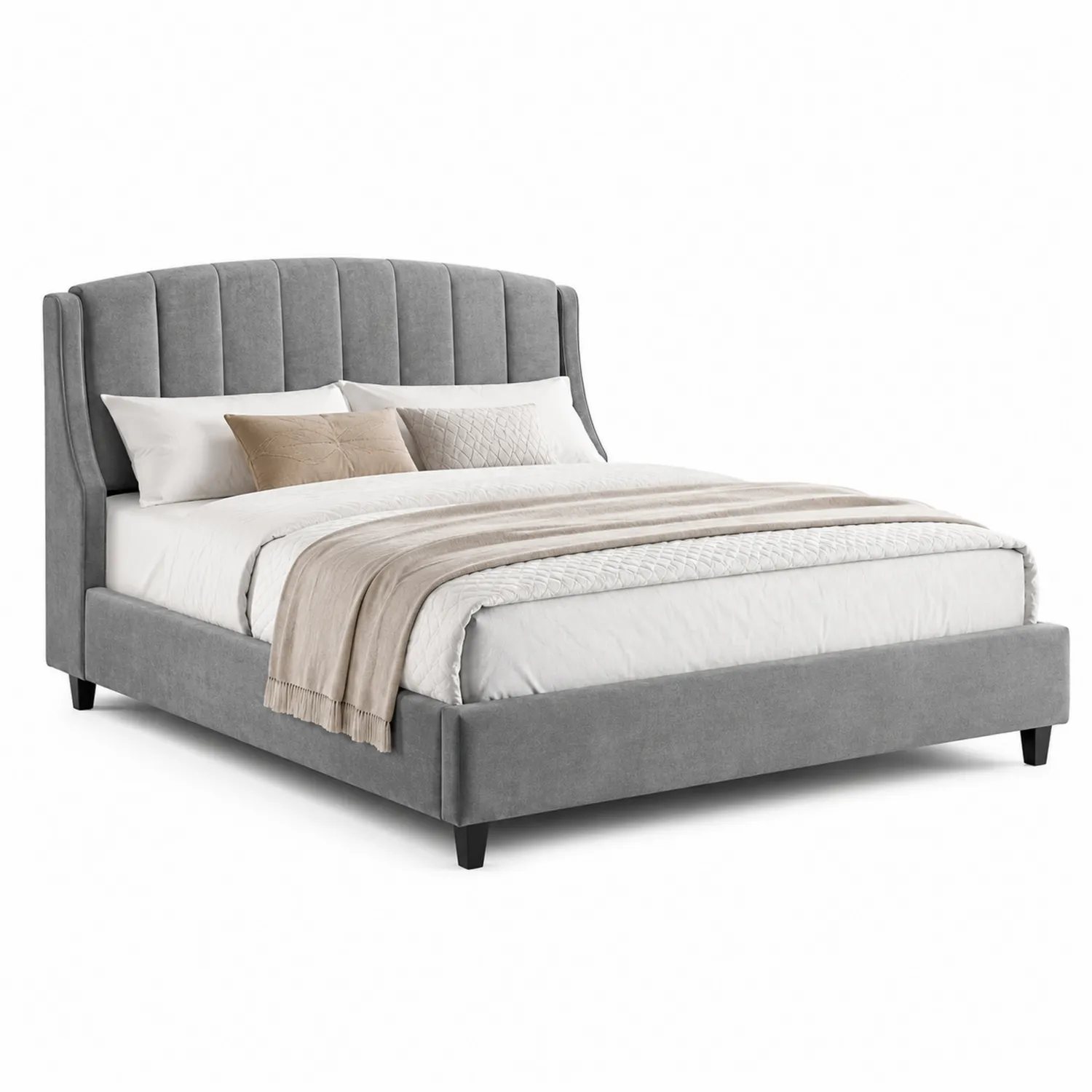 Letto matrimoniale in velluto grigio con testiera imbottita, 200x160 cm