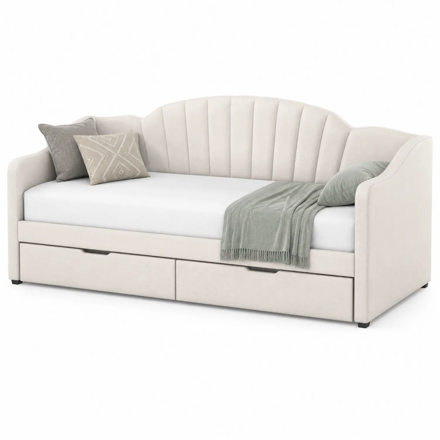 Divano Letto in Tessuto Beige con Cassetti