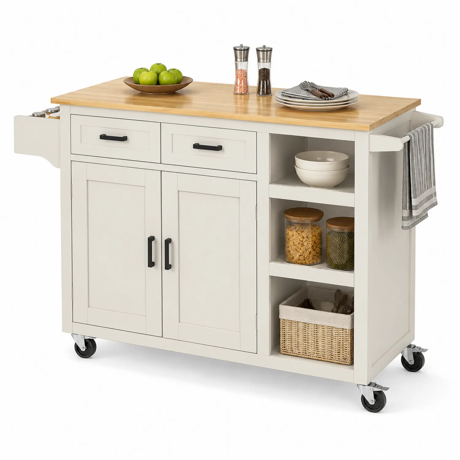 Carrello cucina bianco in legno con ruote e piano naturale