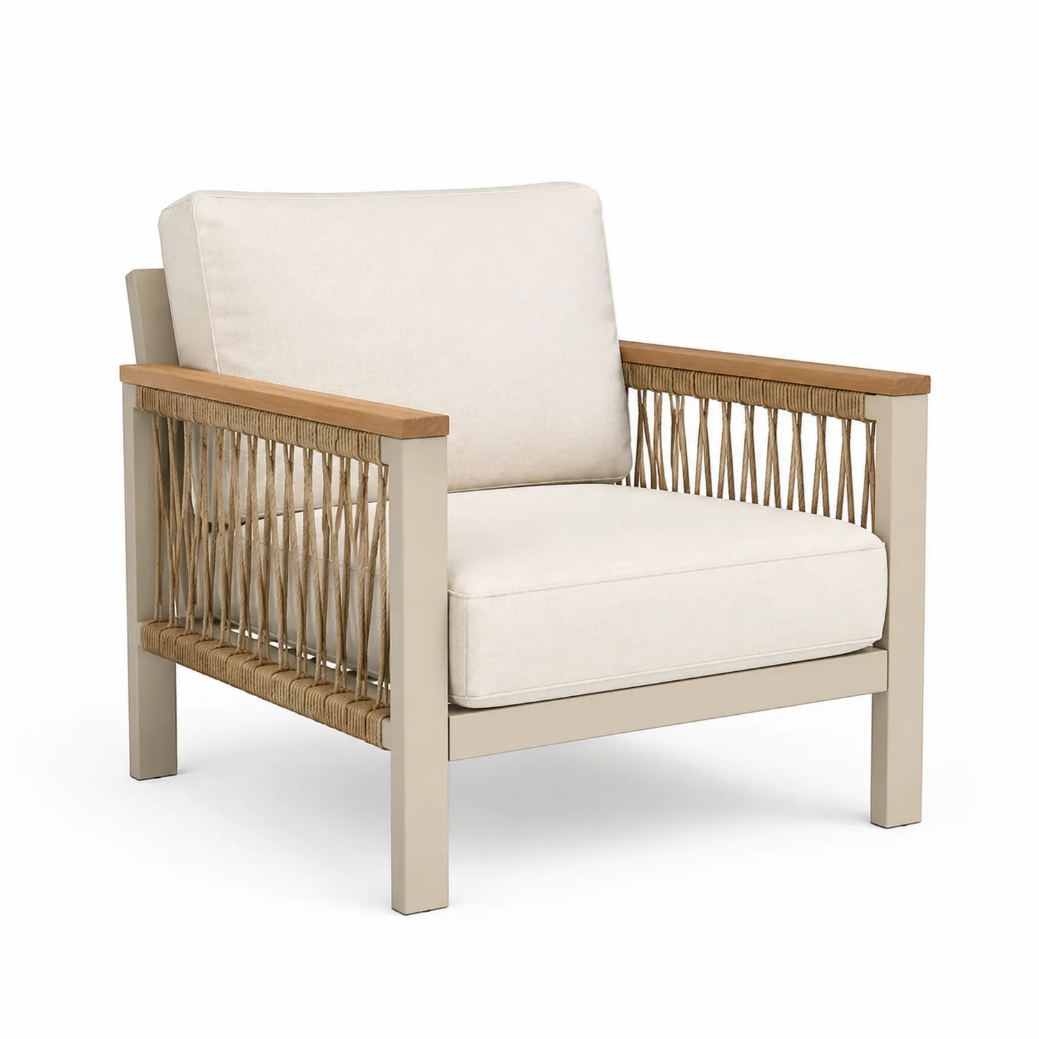 Poltrona da Esterno in Metallo e Rattan con Cuscini Crema