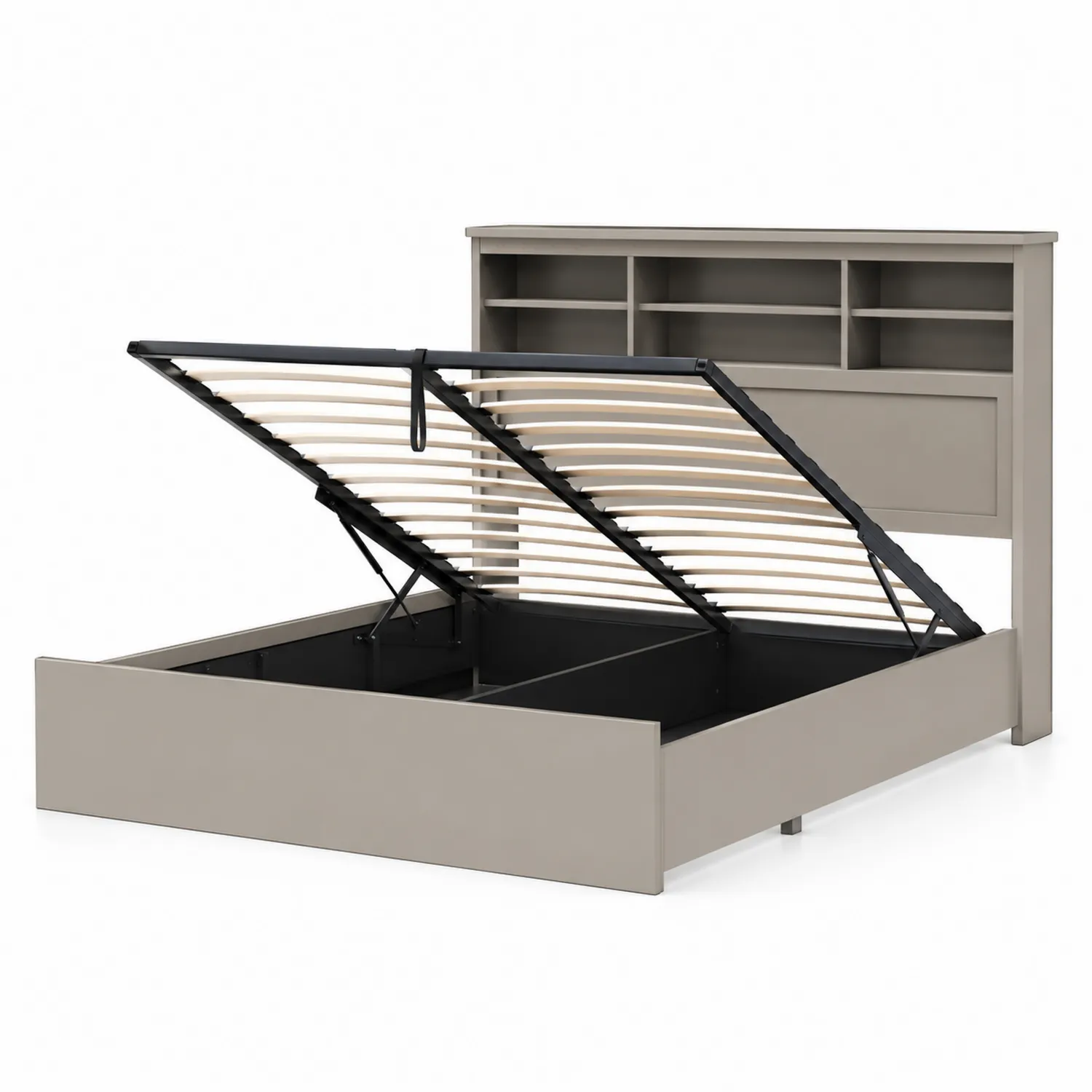 Letto contenitore in legno e metallo con testiera a scaffale 160x200 cm Grigio