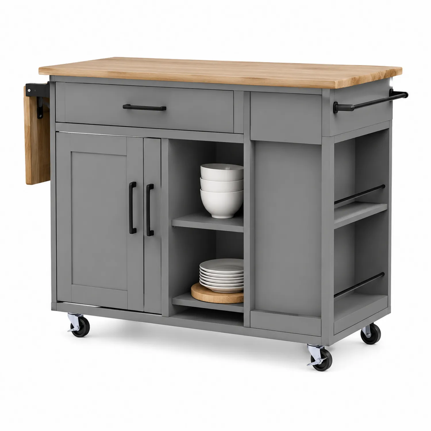 Isola Cucina con Piano in Legno e Struttura Grigia