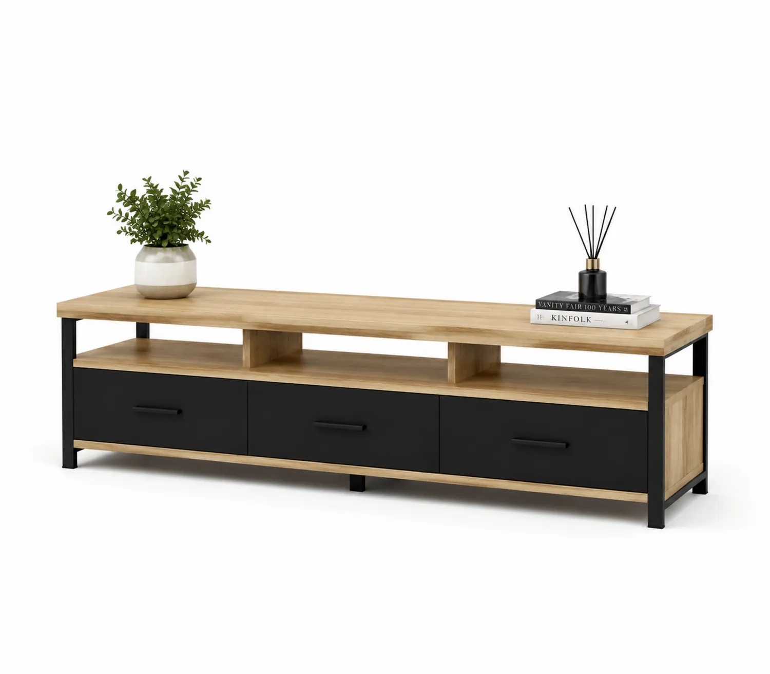 Mobile TV in MDF e Acciaio con Cassetti Neri 150x40x45 cm