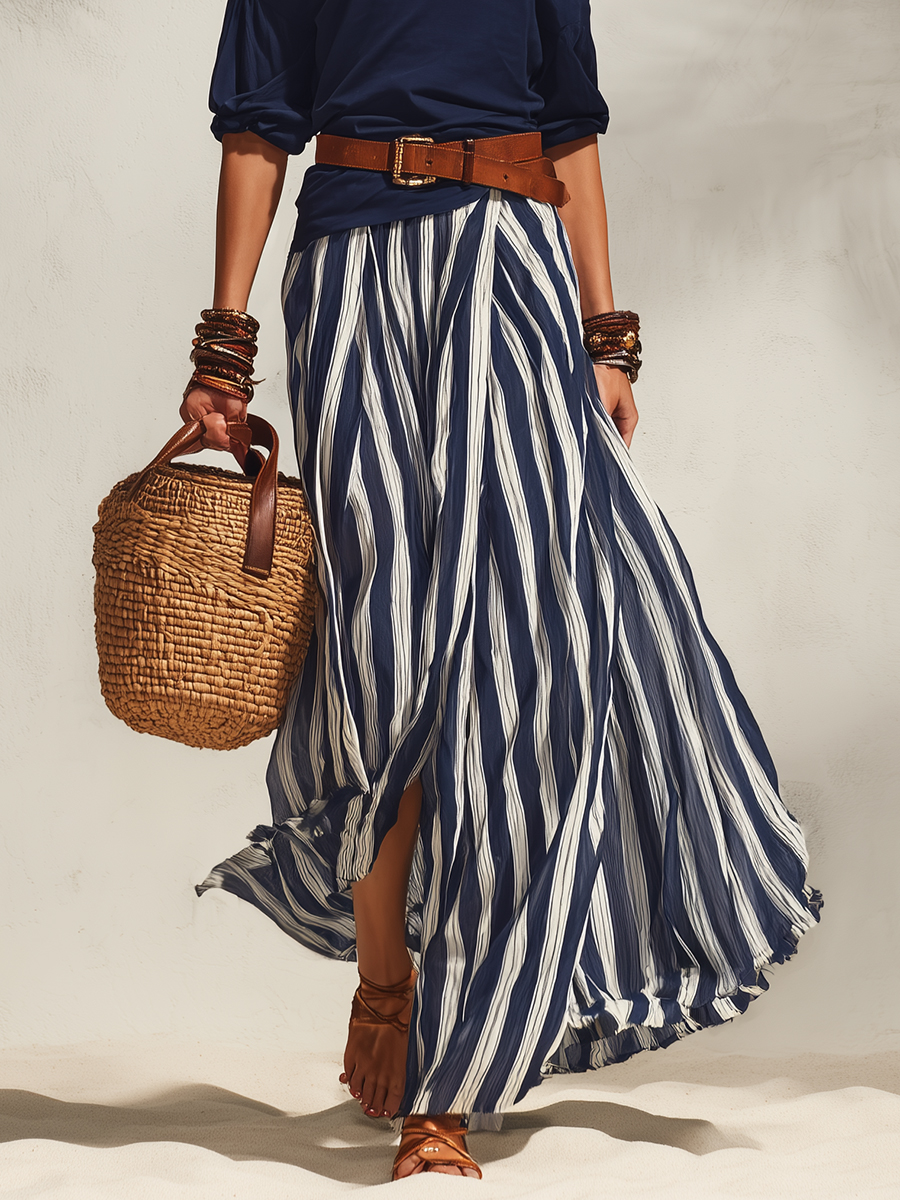 Effortless Striped Maxi Skirt Set with Belt – Relaxed Elegant Off-shoulder Two-Piece Outfit