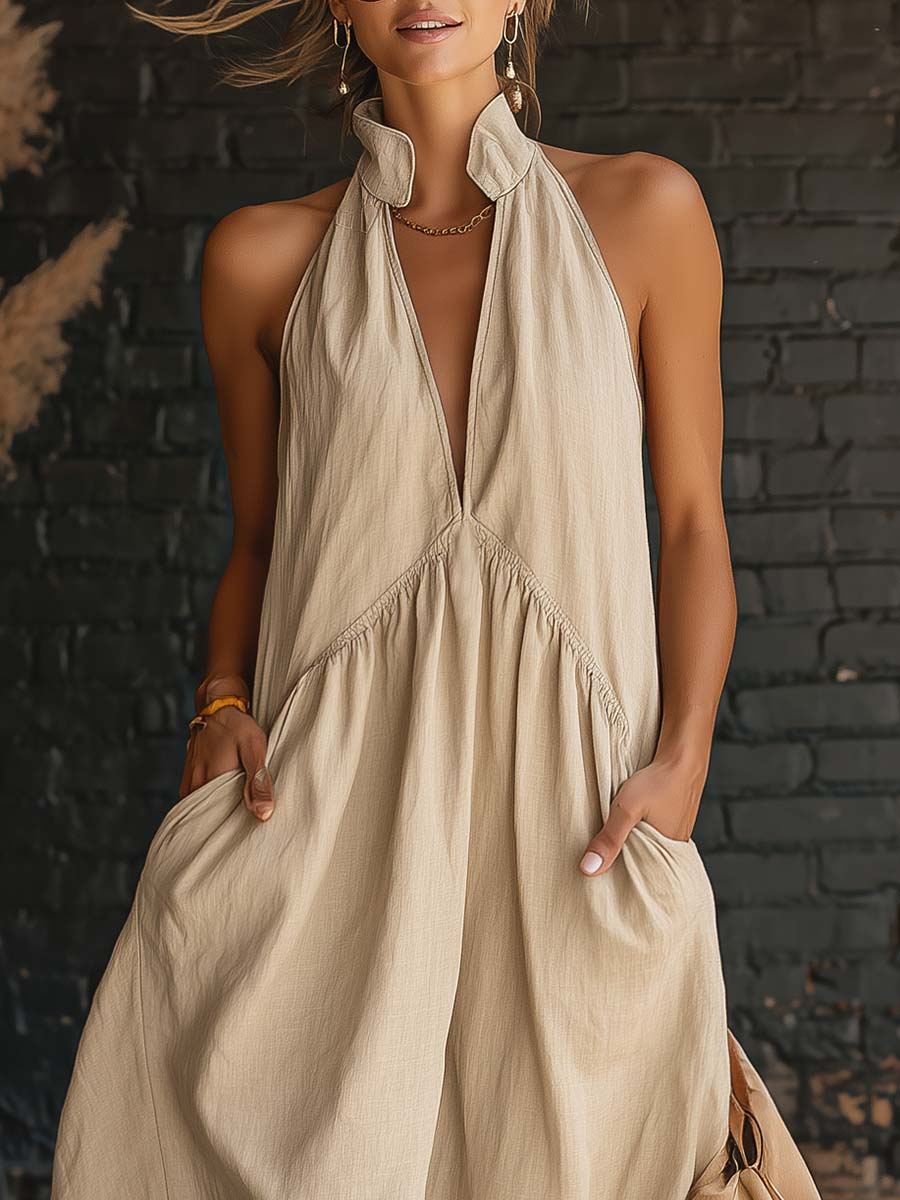 Elegant Resort-style Stand-collar Cotton Dress