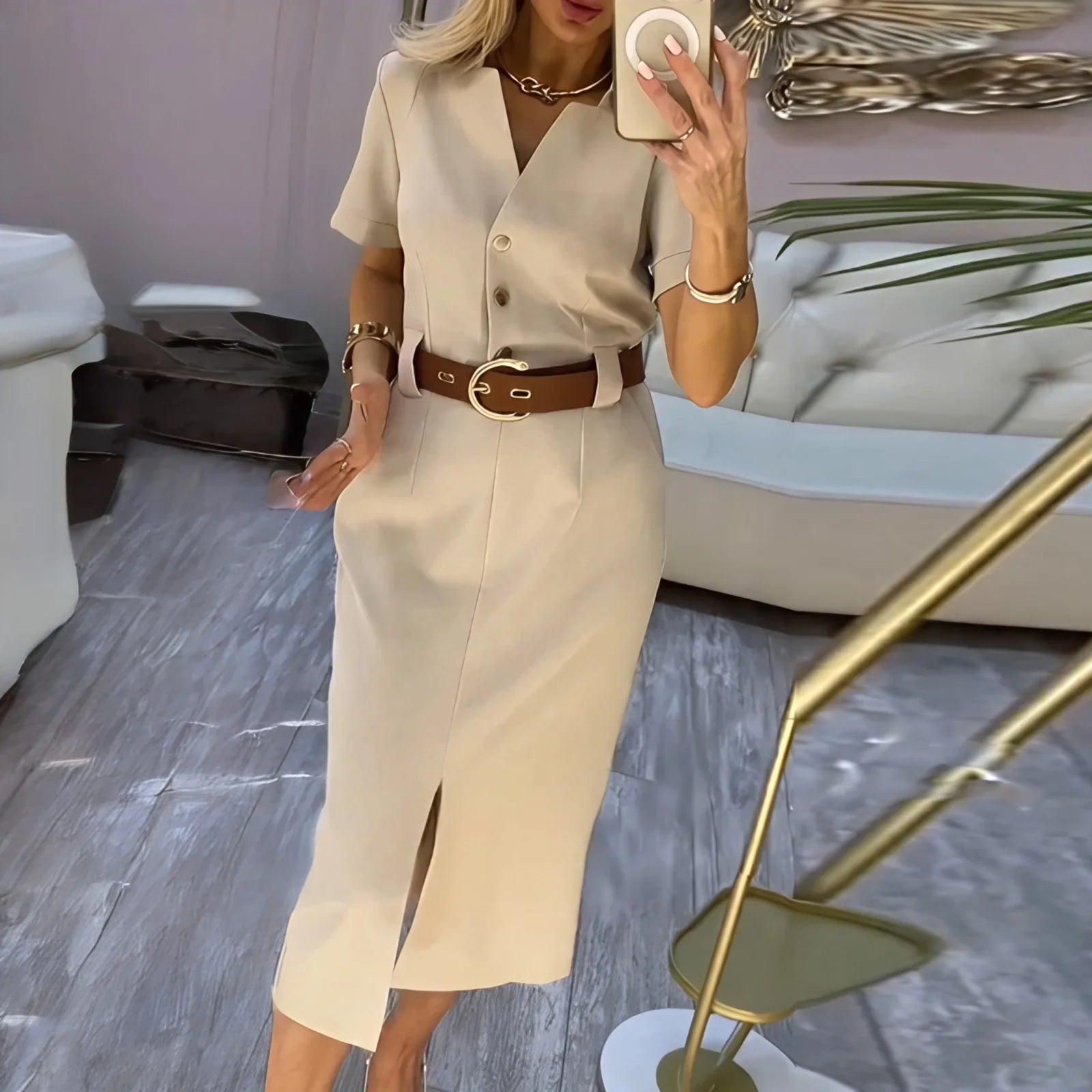 soharic™ Midi Shirt Dress with an Elegant Front Slit