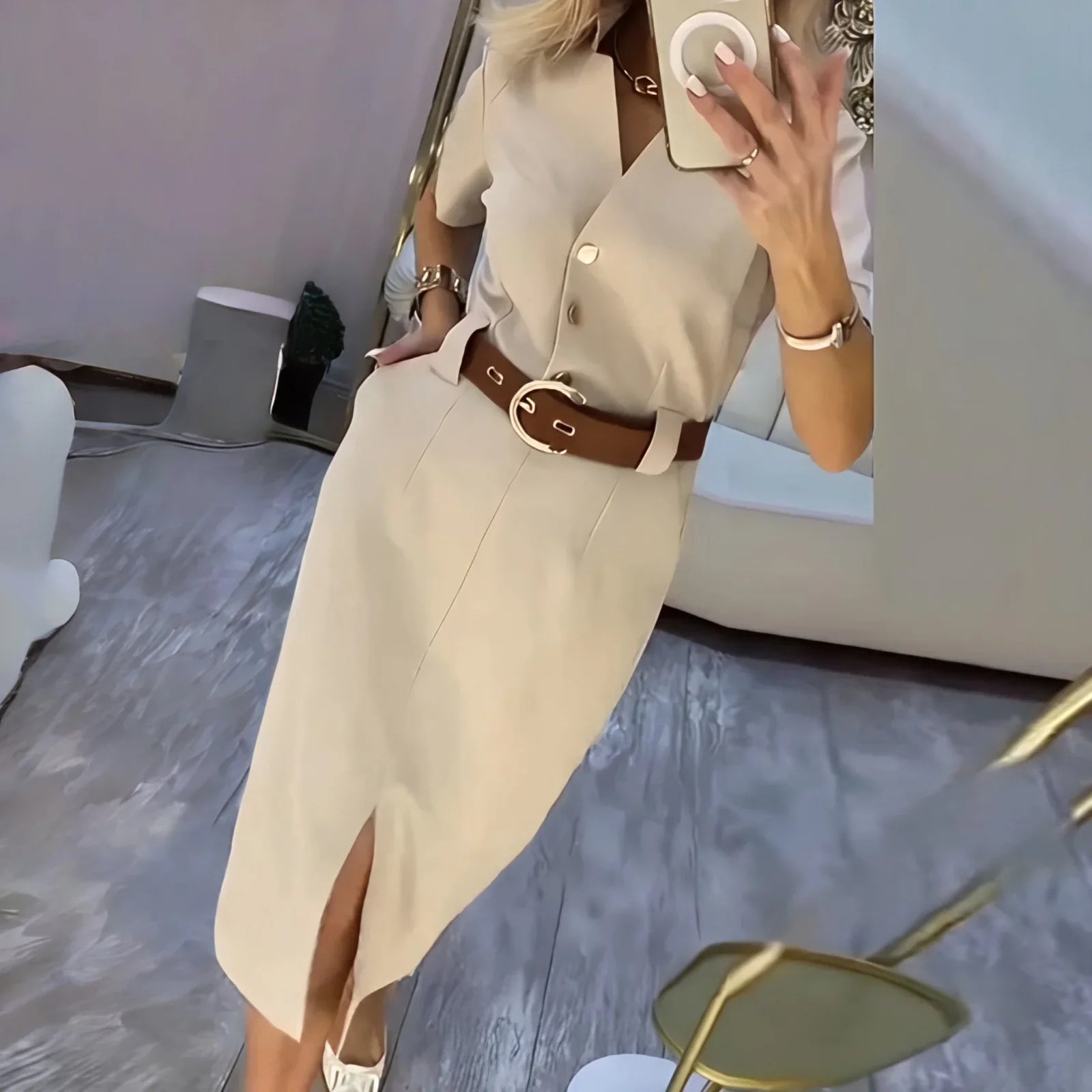 soharic™ Midi Shirt Dress with an Elegant Front Slit
