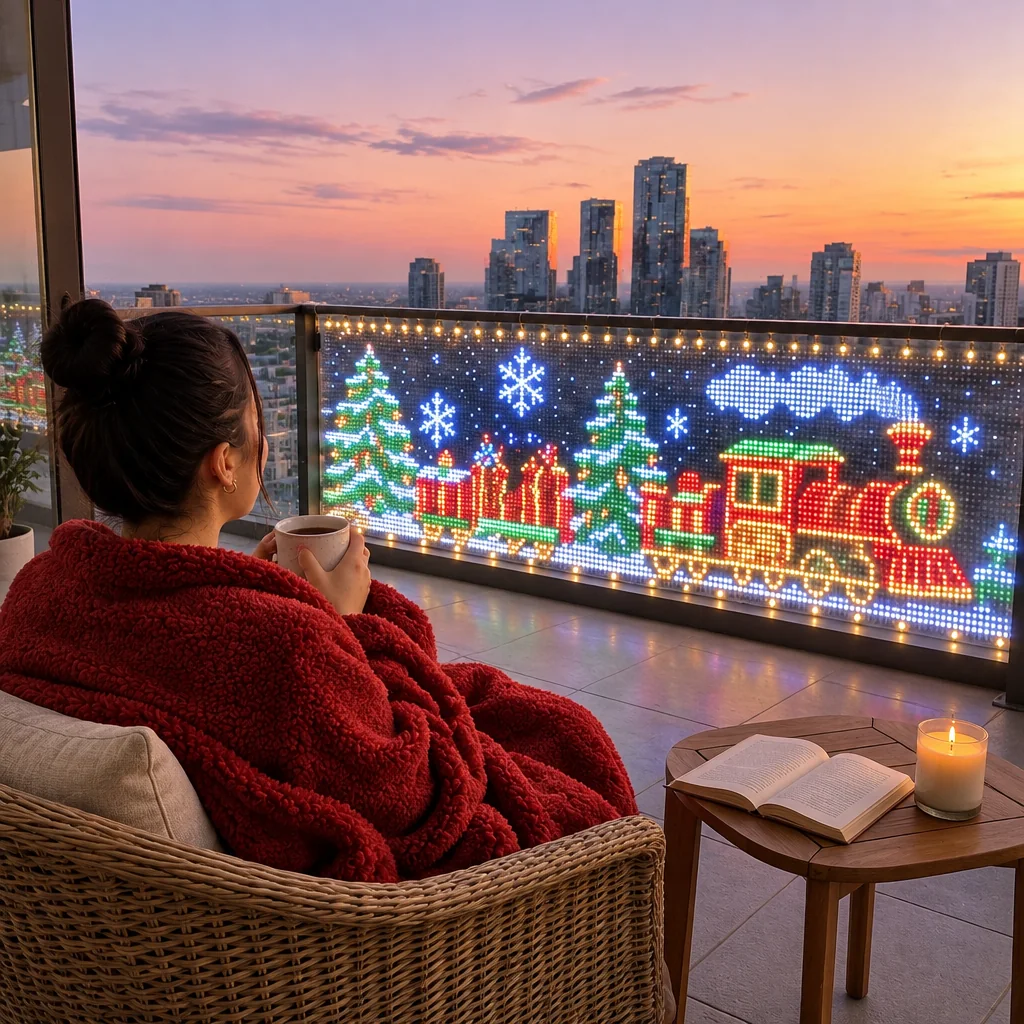 Smart LED curtain lights creating a cozy balcony display