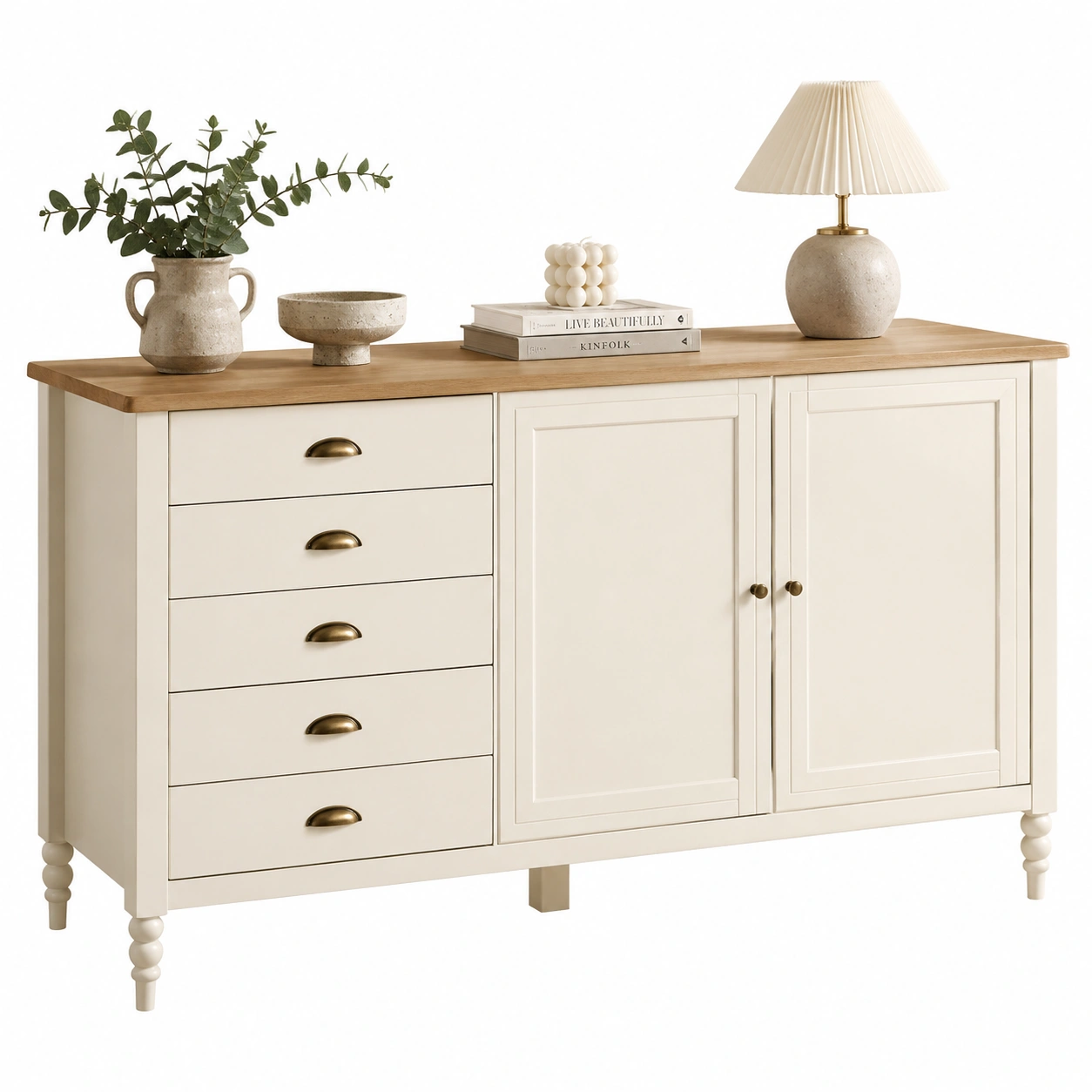 Aparador Blanco con Cajones Puertas y Encimera de Madera-casafynd