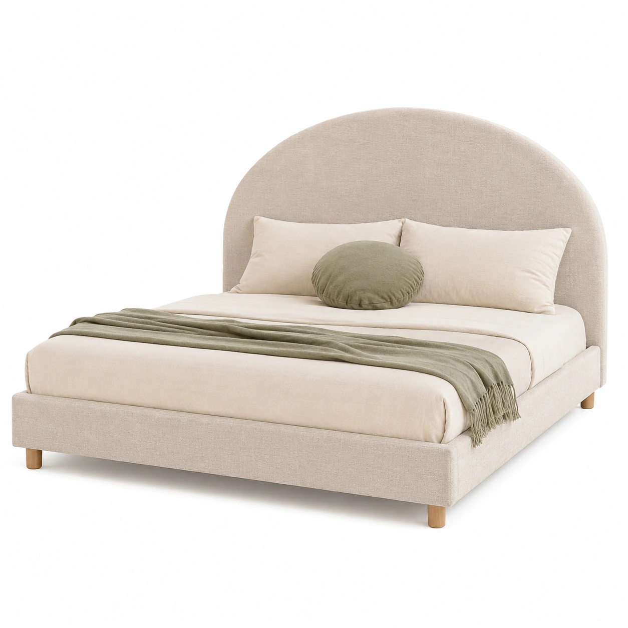 Cama moderna tapizada en beige con cabecero curvo minimalista-casafynd