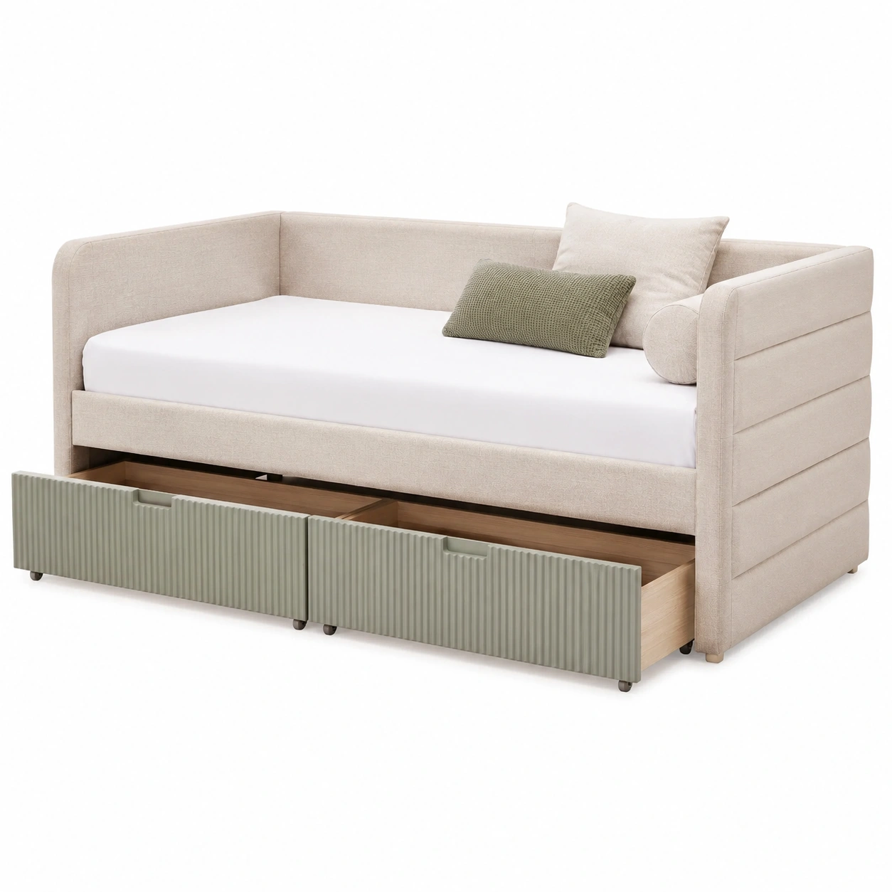 Cama individual beige con cajones inferiores de almacenaje-casafynd