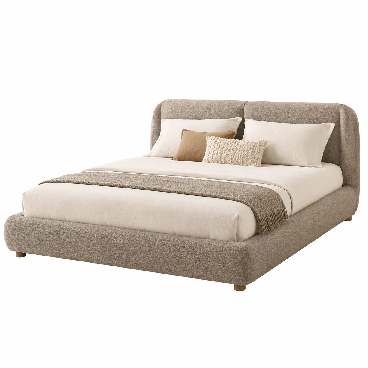 Cama boucle taupe de estilo envolvente para dormitorio elegante-casafynd