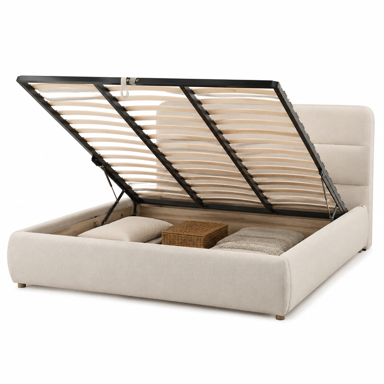 Cama tapizada minimalista con almacenaje oculto-casafynd