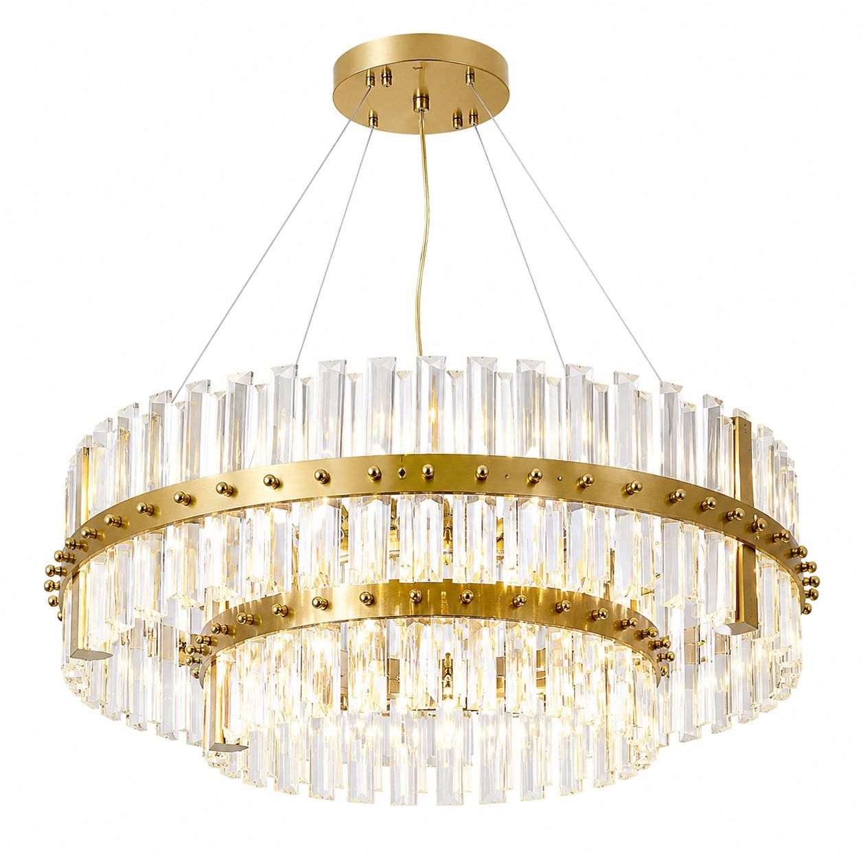 Lampara colgante circular de cristal transparente y acabado dorado estilo lujo moderno para comedor-casafynd