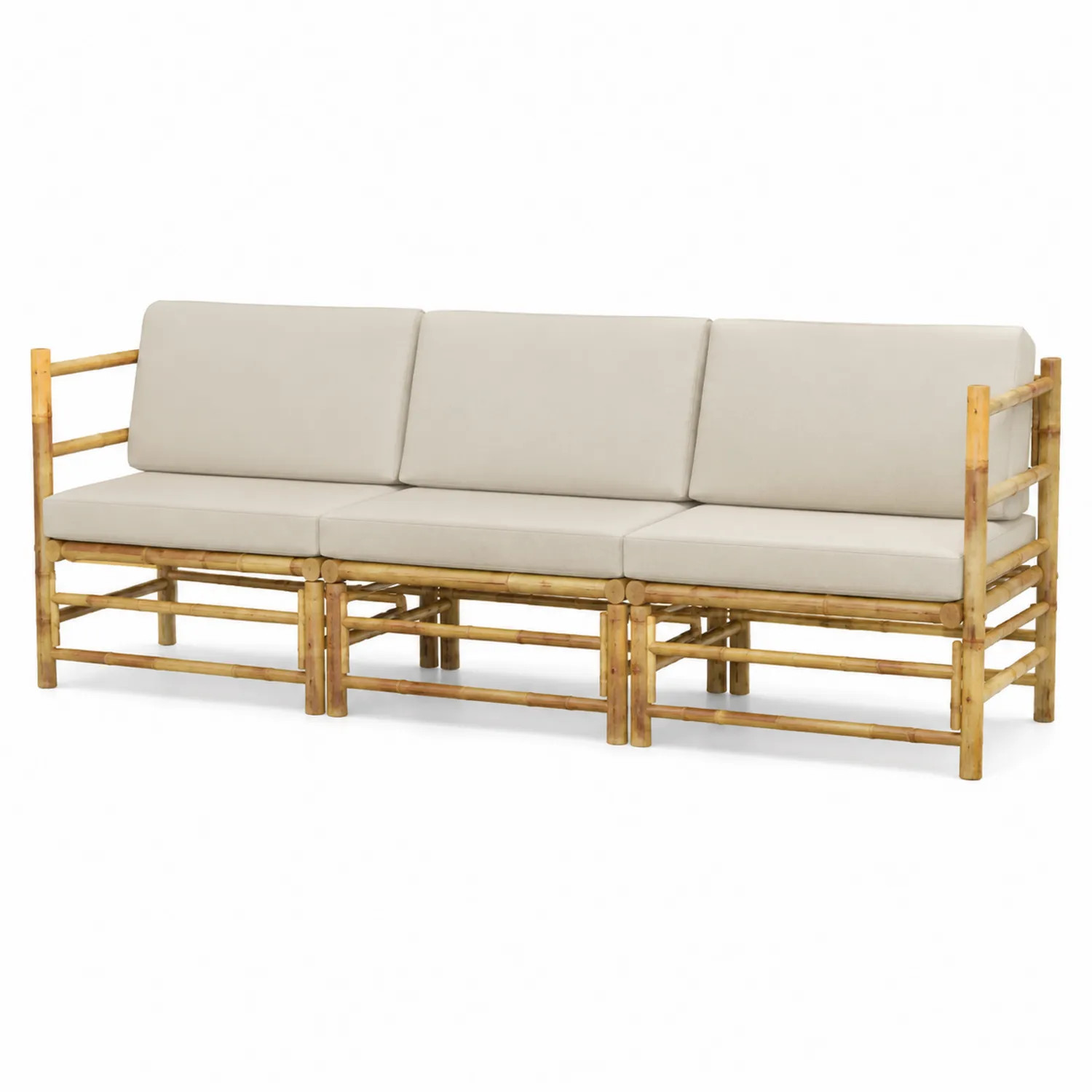 Bambus Sofa mit 3 Plätzen und Cremefarbenen Kissen