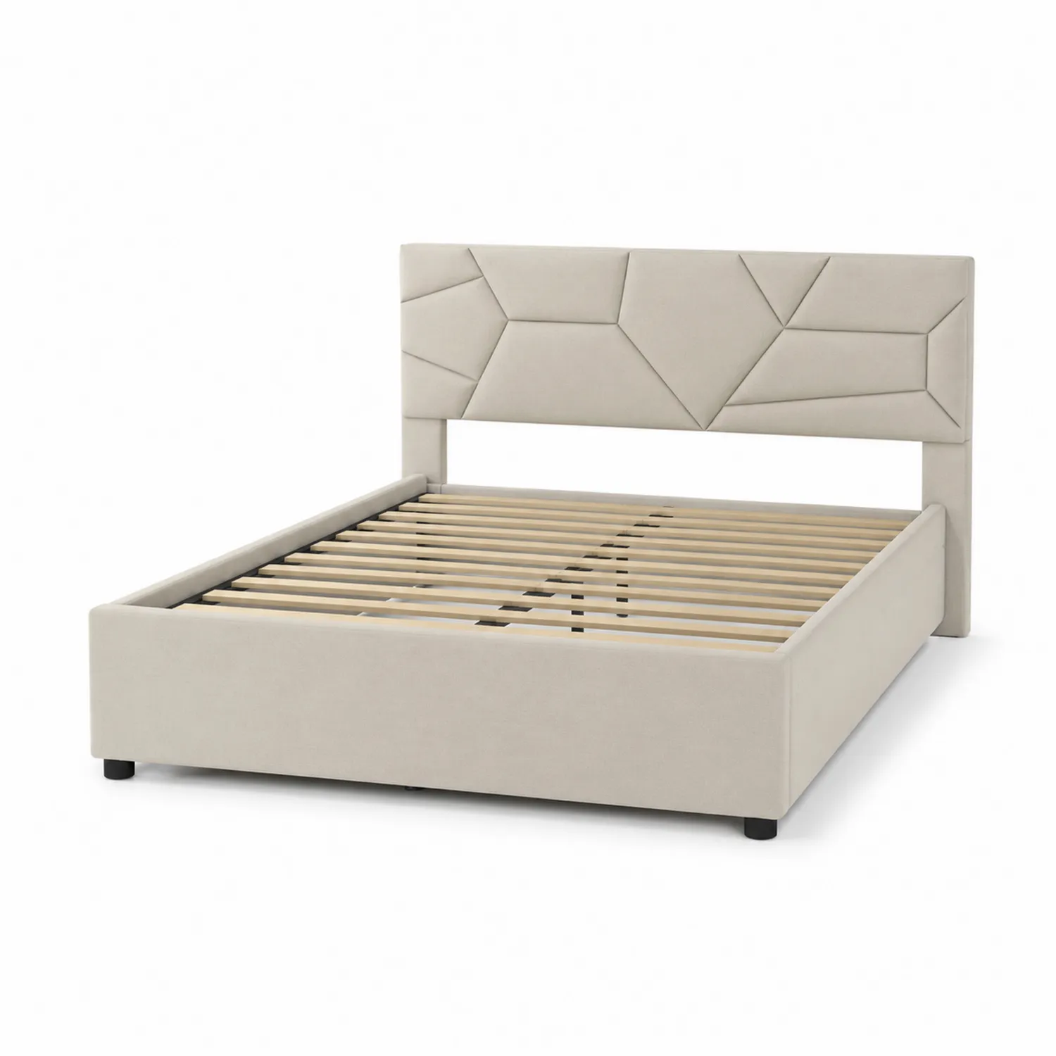 Bett aus Samt Beige 200x160 cm mit geometrischem Kopfteil