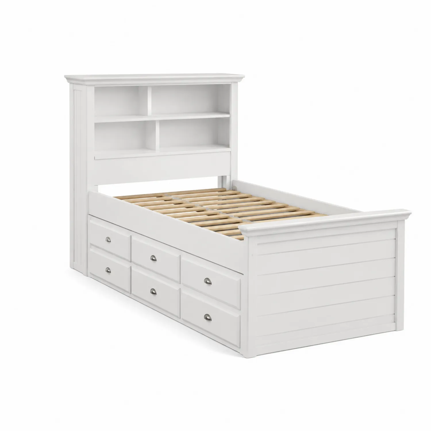 Holzbett mit Stauraum und Regal Weiß