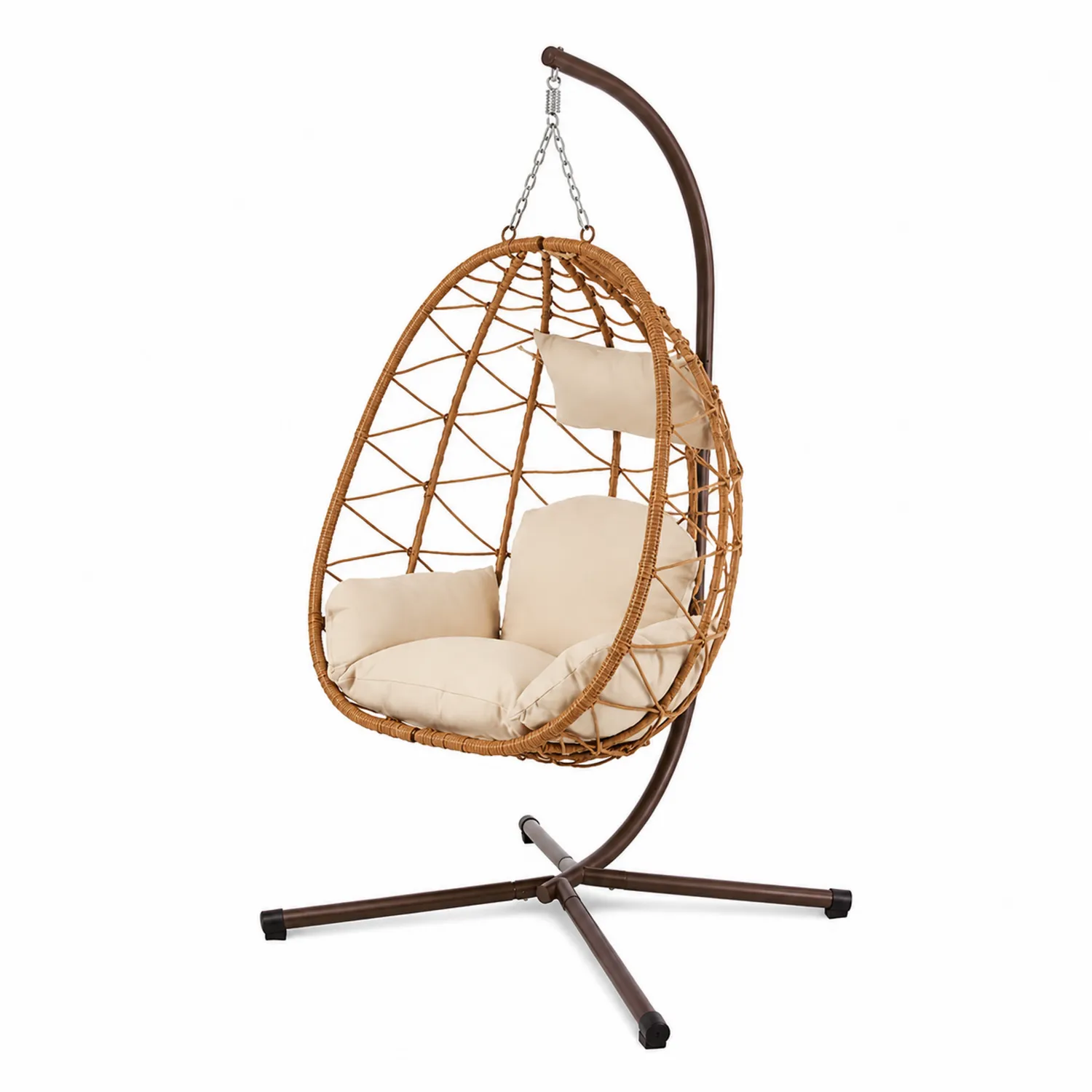 Rattan Hängesessel mit Stahlgestell und Beigen Kissen