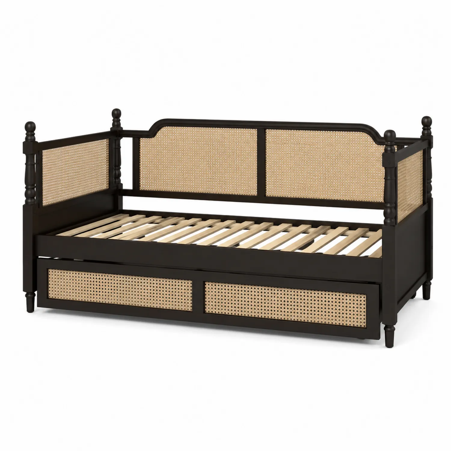 Tagesbett Massivholz und Rattan Schwarz Natur 200 x 90 cm