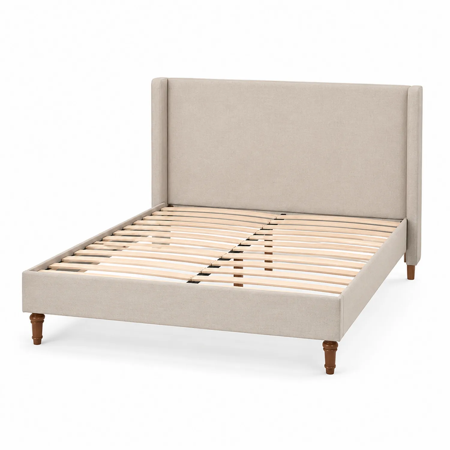 Bett aus Leinenstoff 180x200 cm Beige mit Holzbeinen