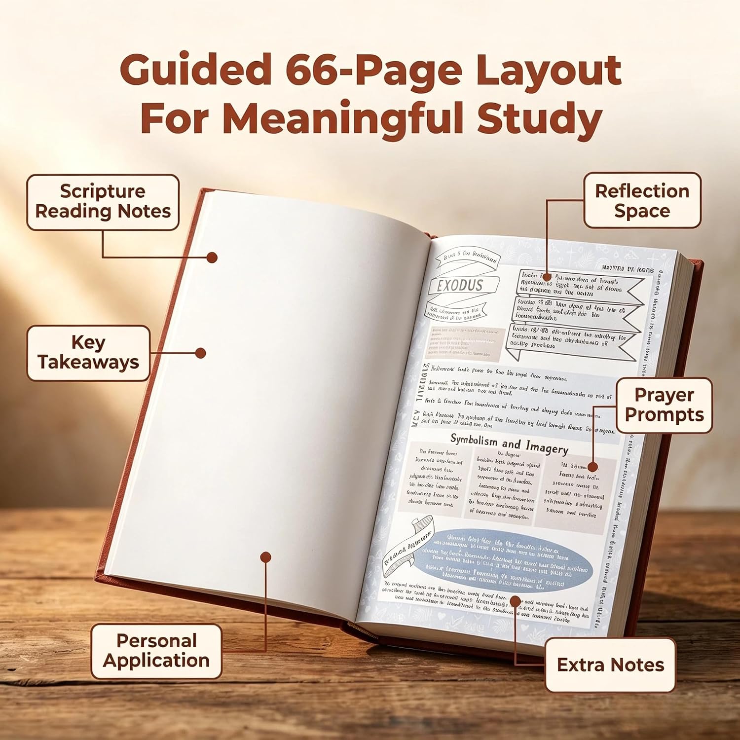 66-Page Bible Study Guide & Journal for Women, Year-Long Devotional | Daily scripture, prayer prompts, reflection pages & PU leather Bible study notebook for beginners and faith growth