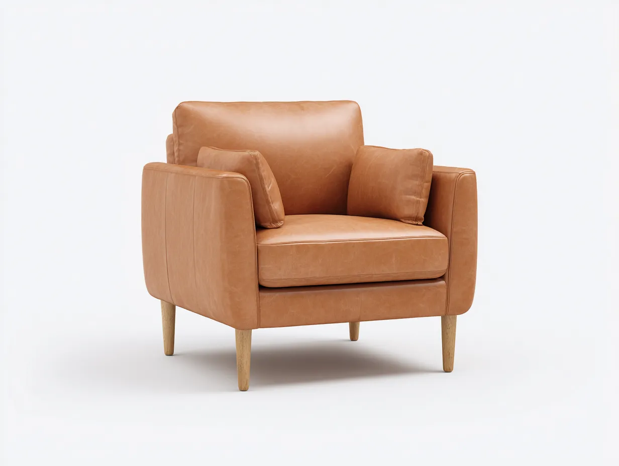 Sillón marrón cuero 130x90x84 cm - efecto piel con reposabrazos rectos - patas claras para salón