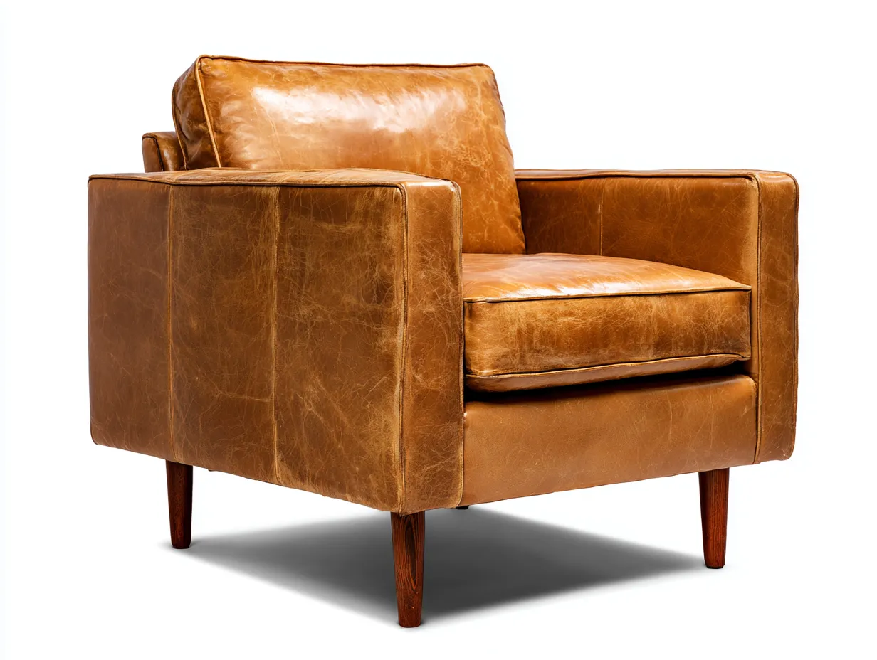 Sillón ámbar 132x94x86 cm - efecto piel con costuras visibles - patas de madera oscura para salón