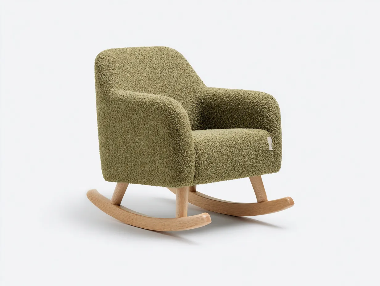 Mecedora bouclé verde musgo 81x92x91 cm - patines de madera natural - asiento acolchado para salón