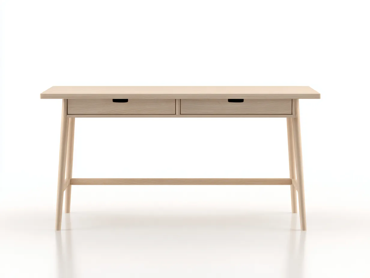 Escritorio de madera clara 145x60x76 cm - dos cajones con tirador negro - patas inclinadas para estudio