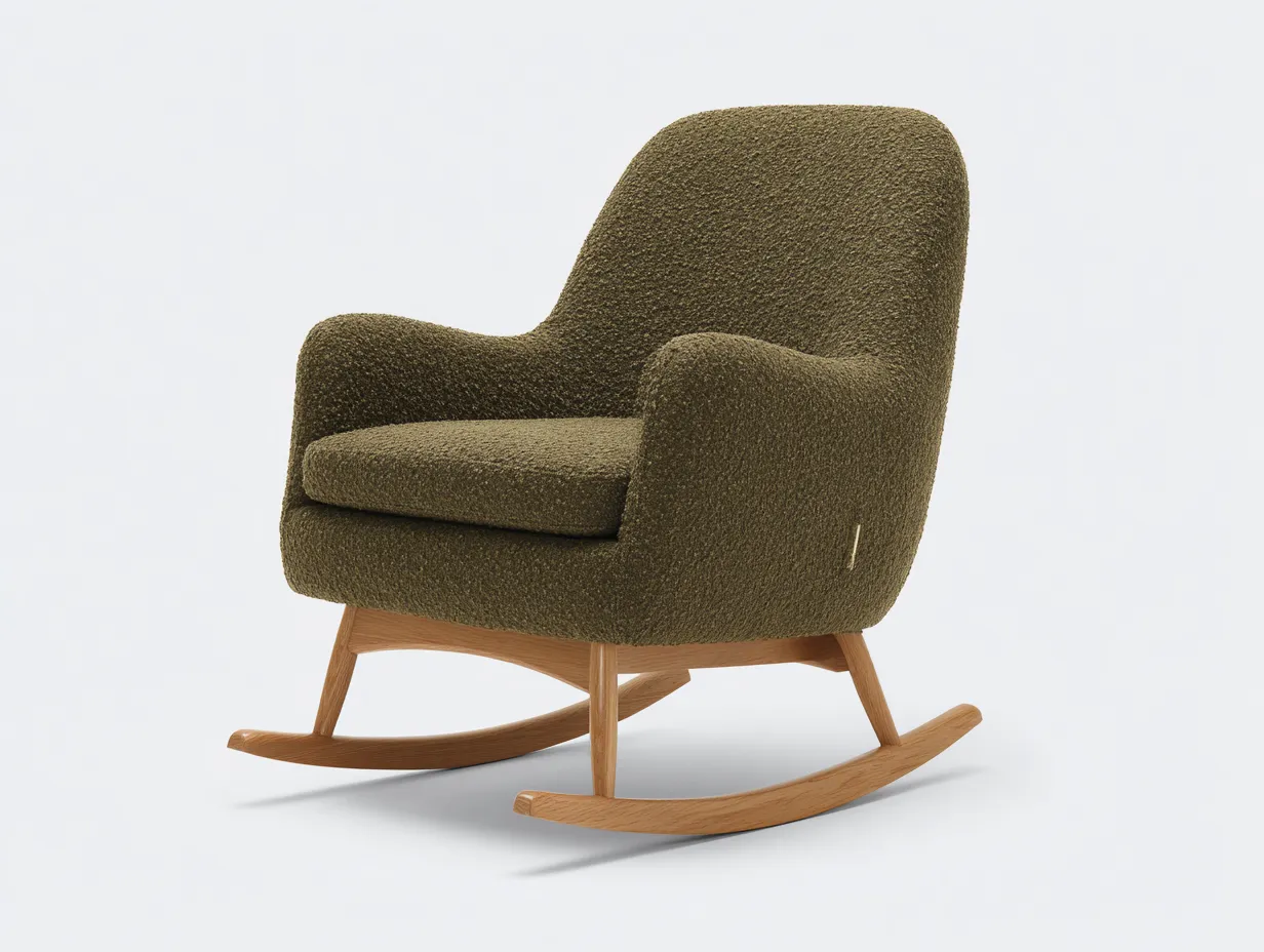 Mecedora bouclé verde caqui 82x92x93 cm - madera natural curvada - estilo cálido para salón