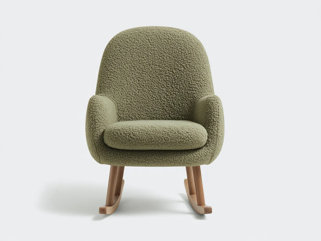 Mecedora bouclé verde oliva oscuro 85x95x94 cm - base de madera clara - respaldo envolvente para salón