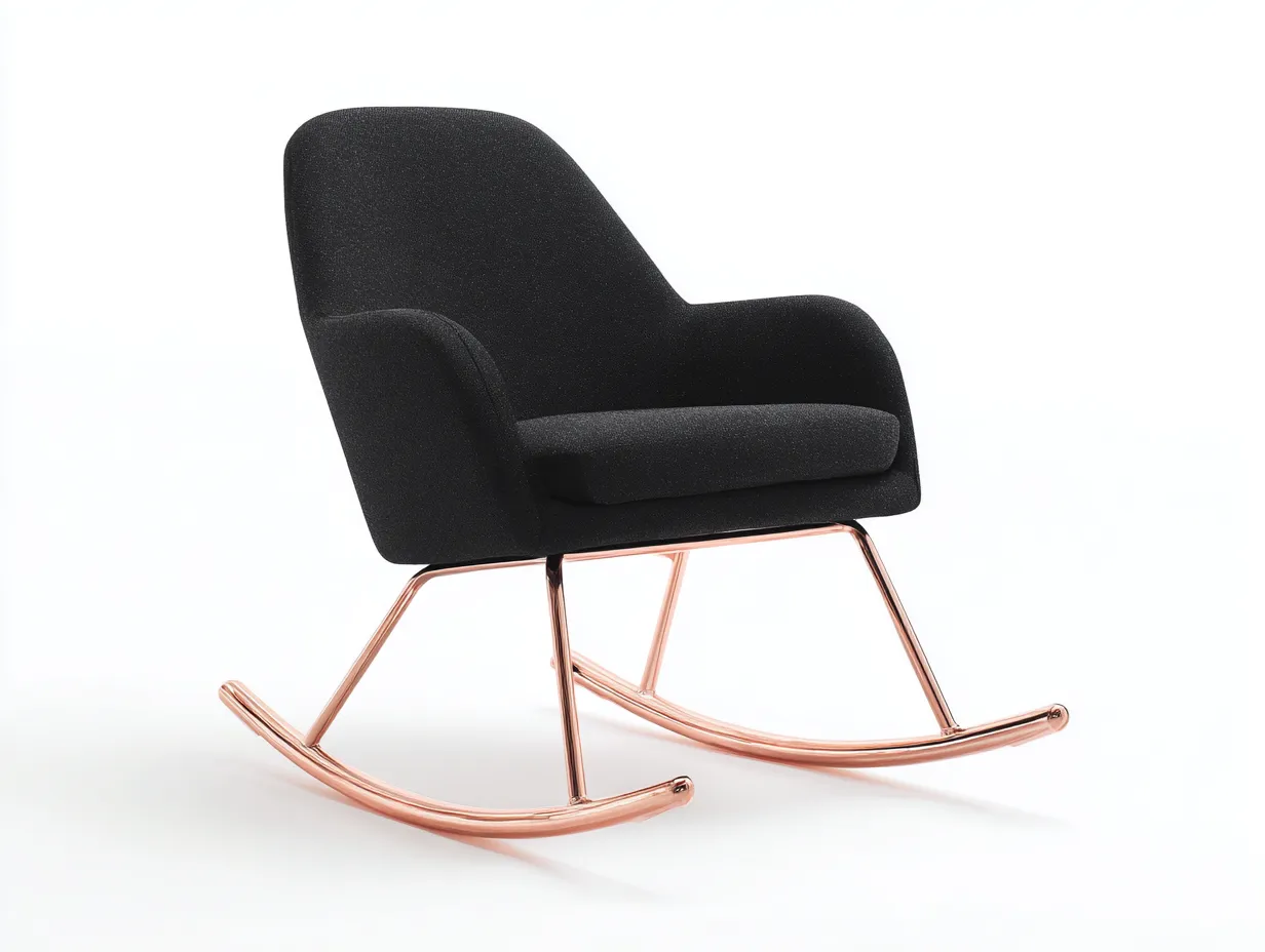 Mecedora tapizada negra 72x88x90 cm - patines metálicos cobre rosado - estilo moderno para salón